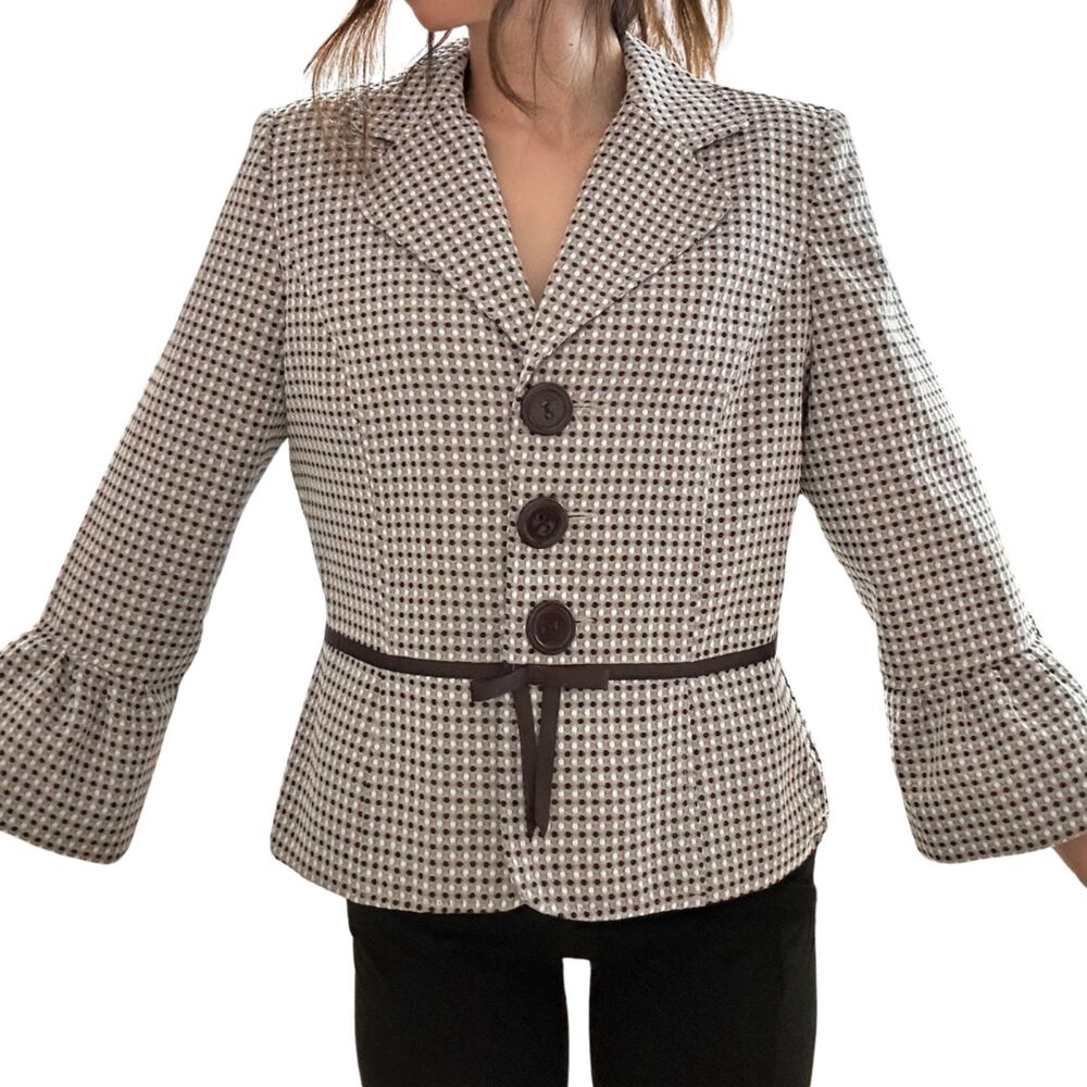 Sweet Suit White Gray Brown Polka Dot Ribbon Bell Sleeve Blazer Size 8